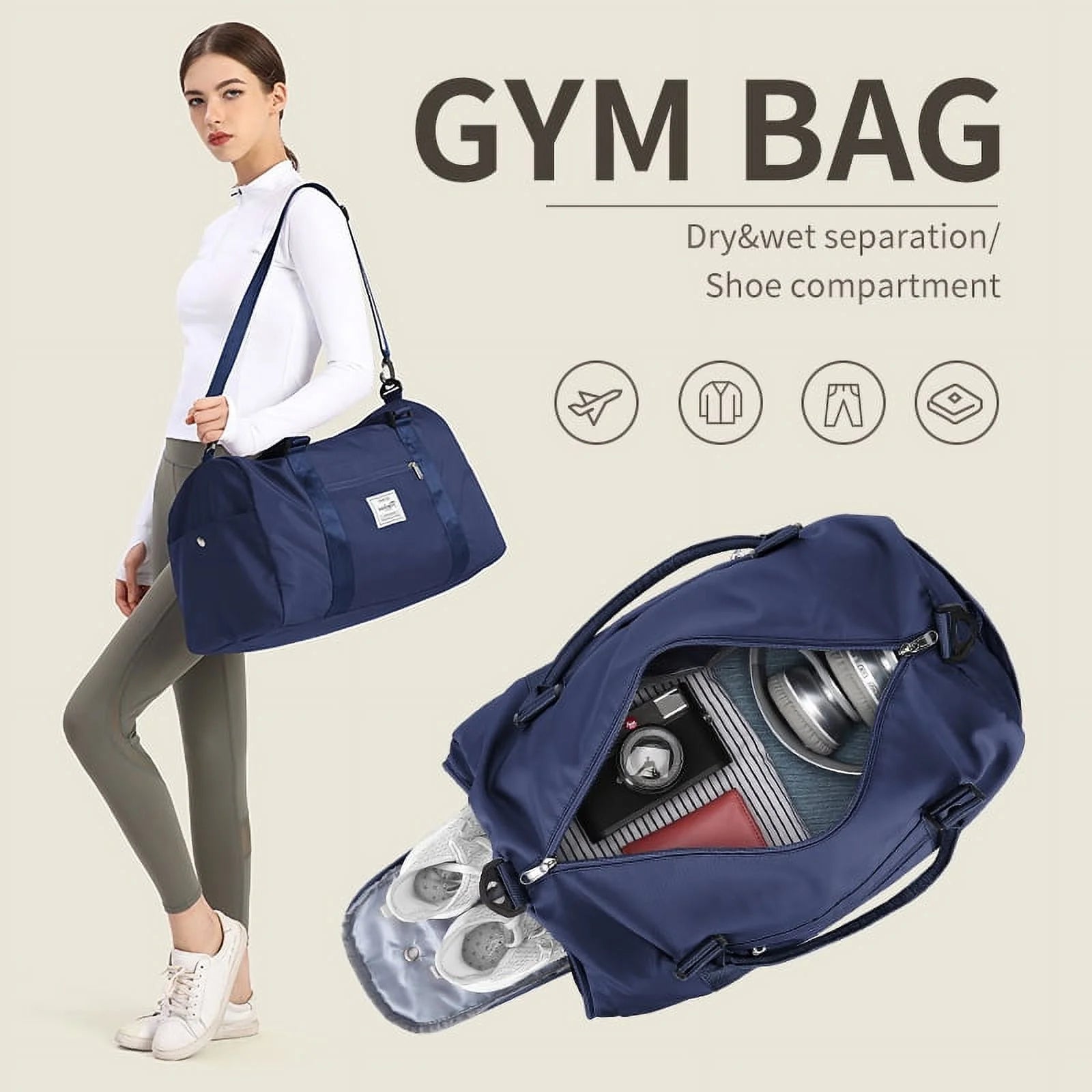 Gym Bag for Women Men with Wet Pocket, Travel Duffle Bag Sport Gym Tote Bag with Shoe Compartment, Carry on Overnight Bag Hospital Bag Dark Blue