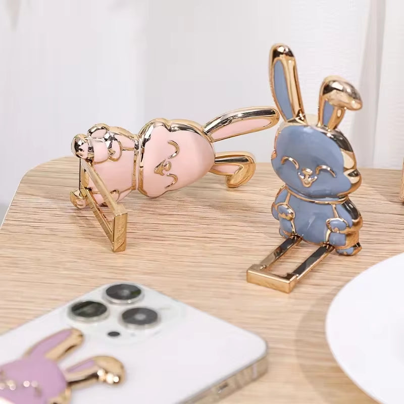 Ultra-Thin Cartoon Rabbit Finger Ring Phone Holder - Foldable Adhesive Stand for Desktop Support