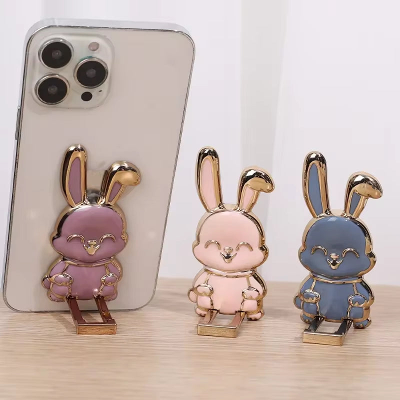 Ultra-Thin Cartoon Rabbit Finger Ring Phone Holder - Foldable Adhesive Stand for Desktop Support